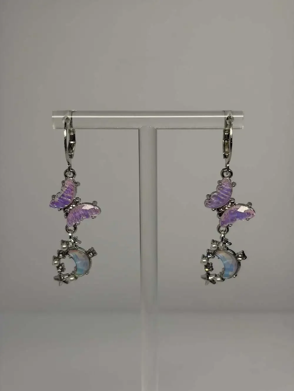 Iridescent Purple Butterfly and Moon Dangle Stainless Steel Earrings